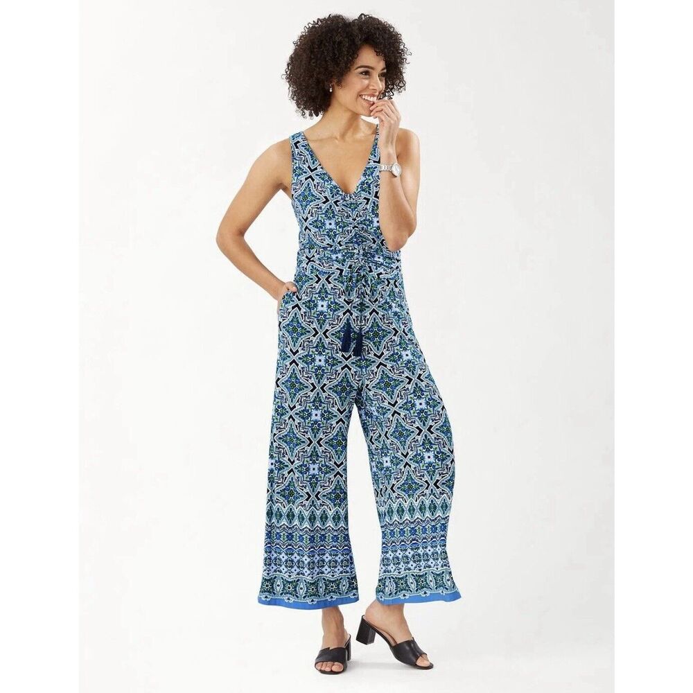 Tommy Bahama Nassau Tile Print Jumpsuit - XS - Blue/ White